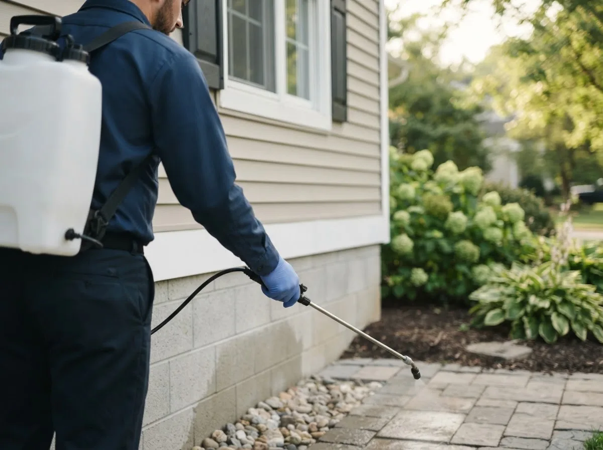 Pest control technician inspecting a home in Lonedell, MO